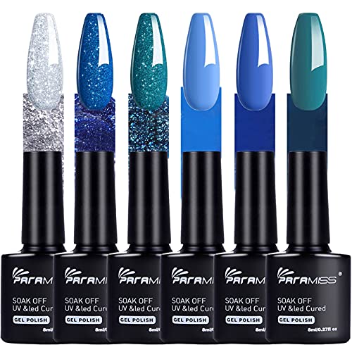 PARAMISS Gel Nail Polish Glitter Gel Nail Polish Kit of Blue Green Sliver Colors Soak Off UV Gel Nail Polish Starter Set Sparkle Glitter Series Nail Polish Home Gel Manicure Kit Nail Kit for Beginners