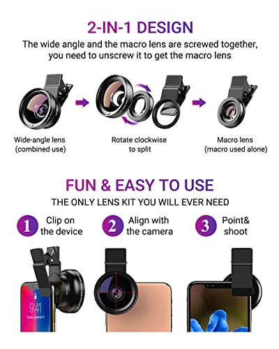 Apexel Phone Camera Lens, 2 In 1 Cell Phone Clip-On Lens Kit 0.45X Wide Angle Lens 140°+ 12.5X Macro Lens Clip-On Iphone Lens For Iphone Samsung And Most Of Android Smartphone #TOP5