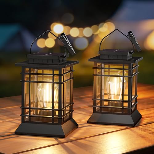2 Pack Solar Lanterns Outdoor Waterproof Upgraded Bright Hanging Solar Lights for Outside Auto On/Off Solar Powered Lanterns Decorative Outdoor for Garden Patio Yard Table Patio Porch Tree Decor