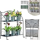 Japard Folding Plant Stand 2 Tier Indoor Outdoor Decorative Flower Pot Metal Shelf for Patio Balcony Entrance Foldable Design