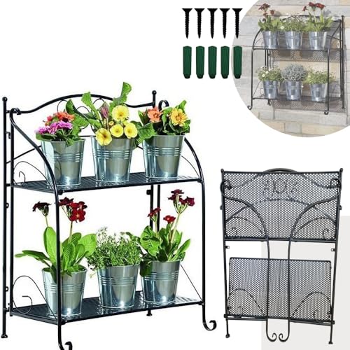 Japard Folding Plant Stand 2 Tier Indoor Outdoor Decorative Flower Pot Metal Shelf for Patio Balcony Entrance Foldable Design