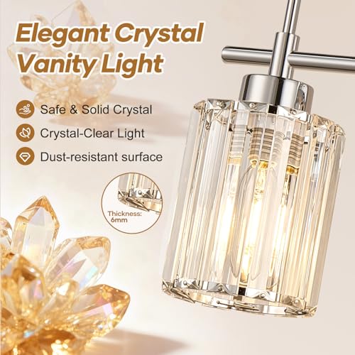 Image of Modern K9 Crystal Bathroom Vanity Light Fixtures, 4-Light Chrome Vanity Lighting Over Mirror, Clear Crystal Shades, Modern Bathroom Light for Bedroom Living Room Hallway Dressing Room