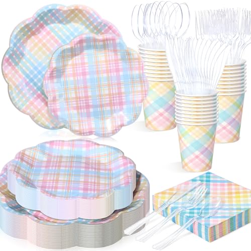 FillTouch 50 Sets Easter Spring Pastel Gingham Disposable Tableware Pastel