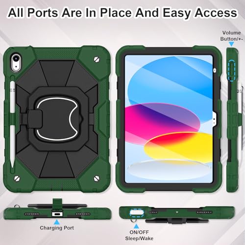 Image of WESOROL Case for iPad (A16) 11th /10th Generation 2025 /2022 with Screen Protector Rotating Stand Pencil Holder iPad Case 10th Generation Shockproof Cover for iPad 11th /10th Gen Cases,Green Black