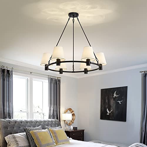 Agv Lighting 22024 Vintage Farmhouse Pendant Chandeliers, Wagon Wheel Chandeliers, D30 X H36, 6-Lights, Mattee Black Finish Frame & White Fabric Shade; Perfect For Living Room, Bedroom, Dining Room #TOP5