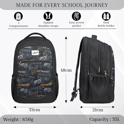 Image of F Gear Arashi Black 35L School Backpack|4 Compartments, 1 Front Pocket & water Bottle Holders|Laptop Sleeve|Ergonomic, Lightweight & Durable Design|Ideal for School, College, Work, Travel & Daily Use