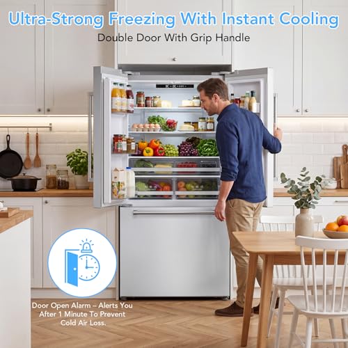 Image of 20.3 Cu. Ft. French Refrigerator, 3-Door French Door Refrigerator with Built-in Ice Maker, Digital Temperature Control with Bottom Mount Freezer Drawer for Kitchen Commercial-Stainless-Steel
