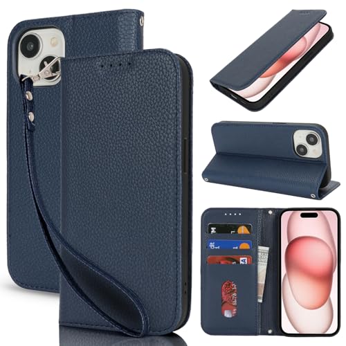 【Hamany】 iphone 15 ケース 手帳型 ストラップ カード収納 スタンド機能 スマホケース iphone 15 マグネット式 レザー あいふおん15ケース 耐衝撃 耐久性 耐摩擦 携帯ケース -ブルー