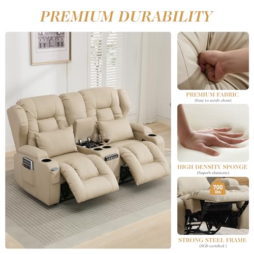 Image of Loveseat Recliner Sofa with Console,RV Wall Hugger Recliners for Small Spaces,Reclining Loveseat Sofa Recliner with Cup Holders /Lumbar Pillows,RV Furniture (Beige, 66 inch 2-Seater)
