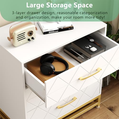 GarveeHome Wooden Dresser for Bedroom, Dressers & Chest of Drawers with 3 Drawer, Wood nightstand for Storage and Organization (White)