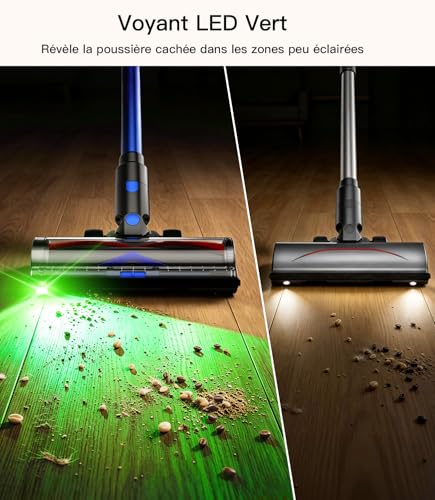 Aspirateur Balai Sans Fil Bleu 580W, Aspirateur Électrique Puissant et Silencieux, Brosse à Aspiration LED, Batterie Rechargeable, Cordless Vacuum Cleaner, Pour Poils d’Animaux, Tapis et Sols Durs – vue 7