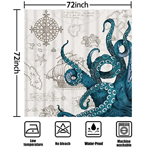 Leitingya Nautical Octopus Shower Curtain, Ocean Beach Blue Shower Curtain, Funny Pirate Sailboat Map Kraken Bathroom Decor, Waterproof Washable Shower Curtains Set With 12 Hooks 72 X 72 Inches #TOP3