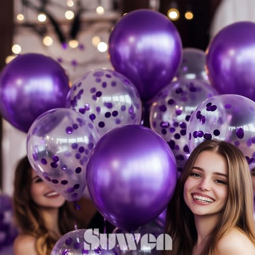 Image of SUWEN Purple Metallic and Confetti Balloons Set 47PCS Dark Purple Latex