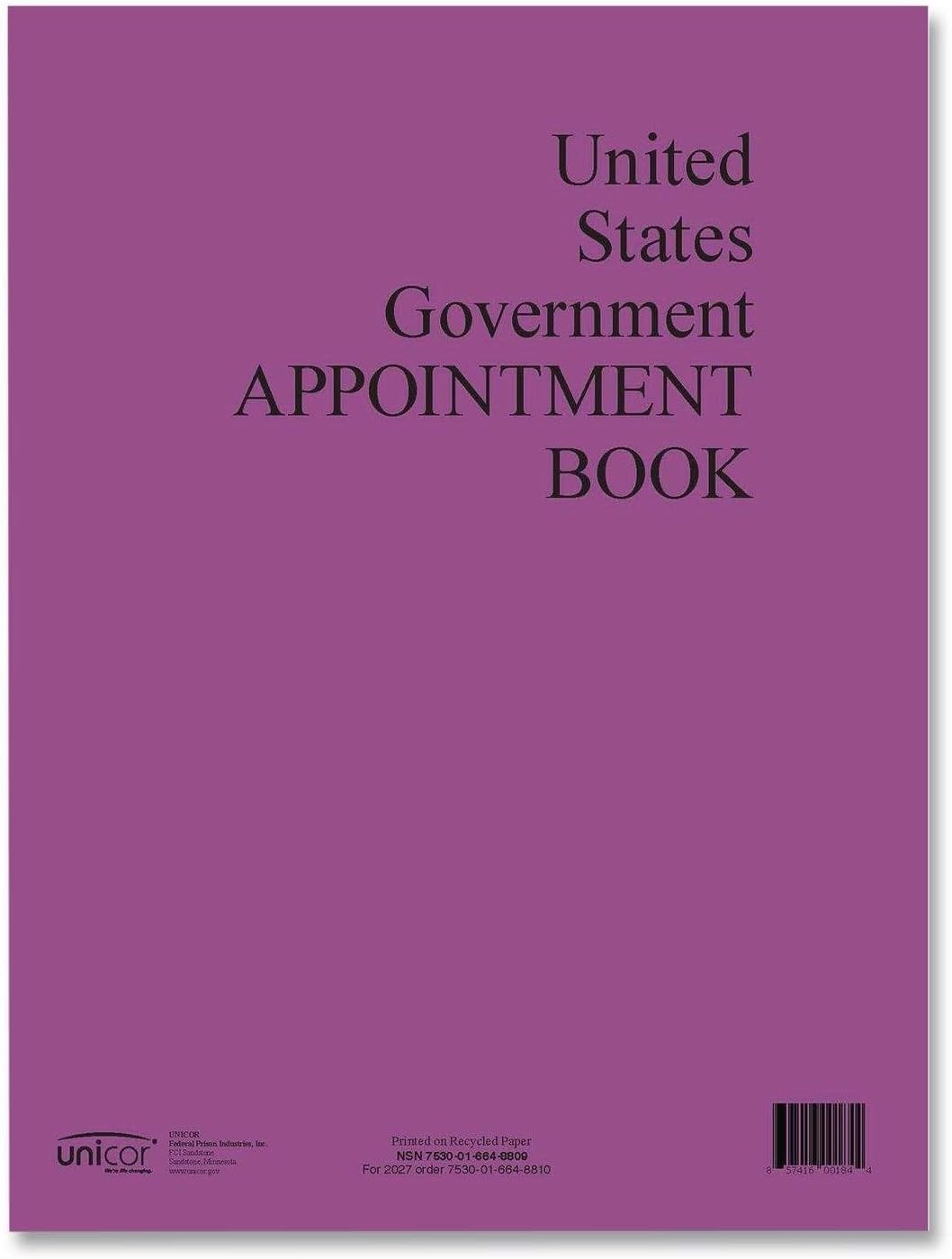 2026 US Government Fed Weekly Appointment Book, 11" x 9", Jan - Dec, Qty=1