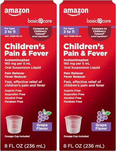 Image of Amazon Basic Care Children's Pain and Fever, Acetaminophen 160 mg per 5 mL Oral Suspension, Pain Reliever, Fever Reducer, Grape Flavor, 8 fl oz (Pack of 2)