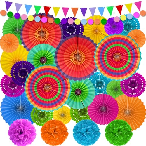 Image of TURNMEON 32 Pcs Fiesta Party Decorations, Mexican Party Decorations 26 Colorful Hanging Paper Fans 4 Pom Poms Pennant Garland String for Mexican Decorations Photo Props Carnival Birthday Taco Tuesday