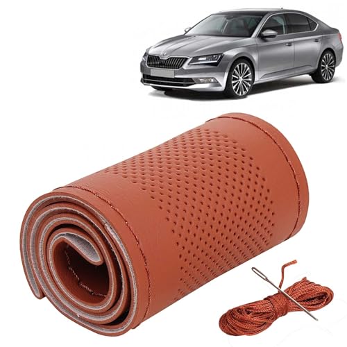 Image of KINGSWAY PU Leatherite Car Steering Cover Sewable Compatible with Skoda Superb (Year 2015-2019), Tan Color with Tan Thread, Pack of 1 with Sewing Needle and Thread