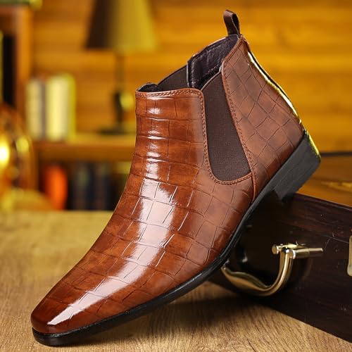 Men's Leather Print Slip On Chelsea Boots Comfortable High Top Pointed Toe Elastic Band Pull On Business Casual Dress Ankle Boots3