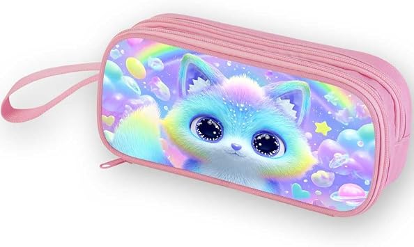 Fox Pencil Box for Girls, Rainbow Pencil Case Pouch with Compartments, Kids Large Capacity Stationery Organizer Bag with Double Zipper