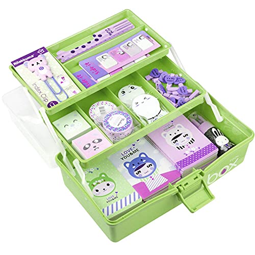 Shopwithgreen 13.2'' Three-Layer Storage Box With Tray, Plastic Portable Folding Tool Box, Multipurpose Organizer And Storage Case For Art Craft And Cosmetic, Students Drawing Tool Box (Green) #TOP3