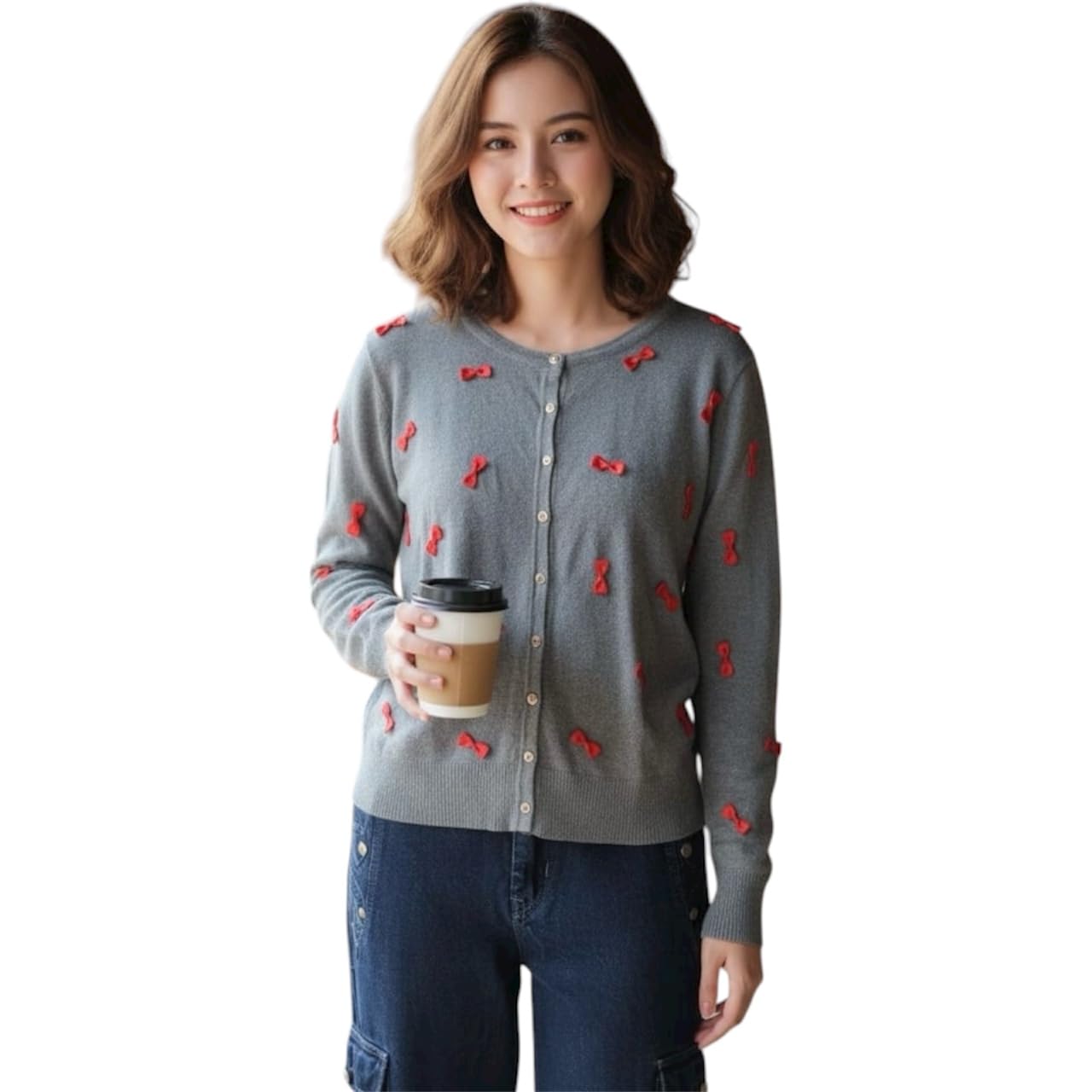 Women's Embroidered Cardigan Sweater Beige Cotton Blend Medium Winter Casual Warm Soft Knitwear-image-27