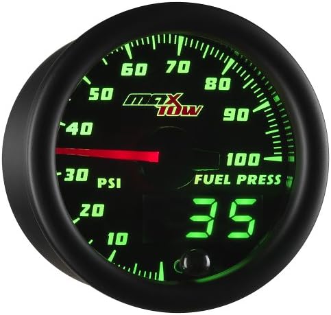 MaxTow Double Vision 100 PSI Fuel Pressure Gauge Kit - Includes Electronic Sensor - Black Gauge Face - Green LED Illuminated Dial - Analog & Digital Readouts - for Trucks - 2-1/16" 52mm