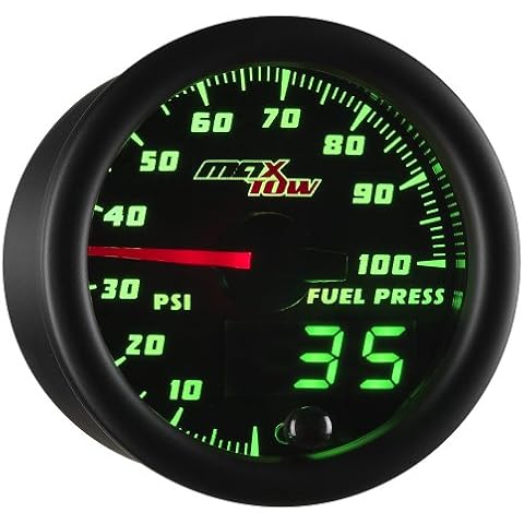 MaxTow Double Vision 100 PSI Fuel Pressure Gauge Kit - Includes Electronic Sensor - Black Gauge Face - Green LED Illuminated Dial - Analog & Digital Readouts - for Trucks - 2-1/16" 52mm Cover