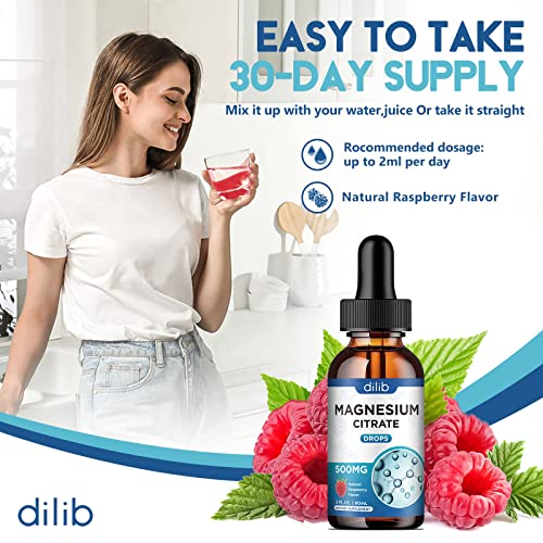 Magnesium Citrate Supplement, Magnesium Liquid Drops 500Mg-Support Stress Relief, Bone, Muscle, Mood-2 Fl Oz, Vegan, Raspberry Flavor #TOP4