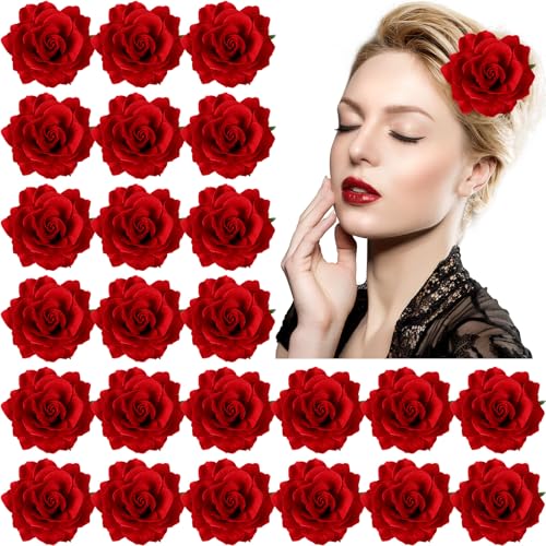 Waydress 30 Packs 4 Inch Flower Hair Clip Rose Hair Accessories Floral Hairpin Brooch Flowers Pin Brooch for Bridal Headpiece Accessories Wedding(Red) by Waydress - Used condition - US$19.62