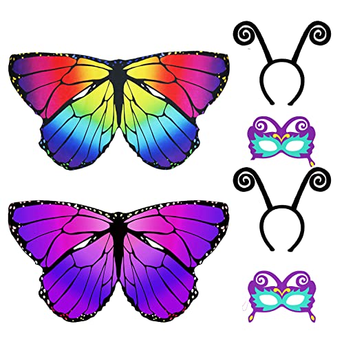 D.Q.Z 6 Pcs Kids Fairy Butterfly-Wings for Girls Halloween-Costumes with Antenna Headband Mask Party Favors (Rainbow-Purple)