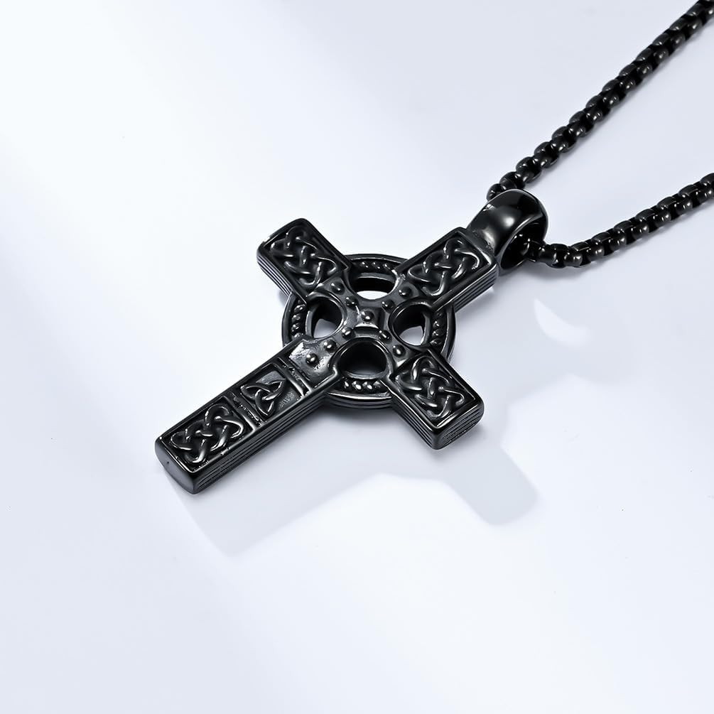 Cross Necklace for Men，Stainless Steel Celtic Knots Ireland Silver/Black Cross Religious Necklace Vintage Geometric Design Chain Christian jewelry 60 cm/23.6 inches