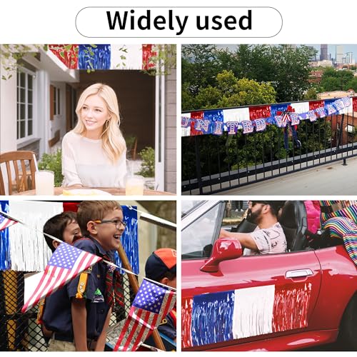 Image of 4 Packs 10 Feet Long Foil Fringe 4th of July Garland Memorial Day USA Red White Blue Independence Day Tinsel Metallic Patriotic Wall Hanging Banner for Car Parade Floats Garden Decorations