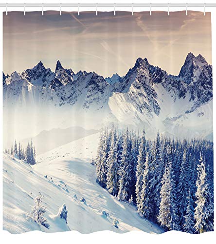 ABAKUHAUS Nature Shower Curtain, Snowy Winter Dramatic Overcast Sky Wonderland Snowfall Seasonal Panorama Print, Cloth Fabric Bathroom Decor Set with Hooks, 86 Inches Extra Long, Blue Grey White - Image 2