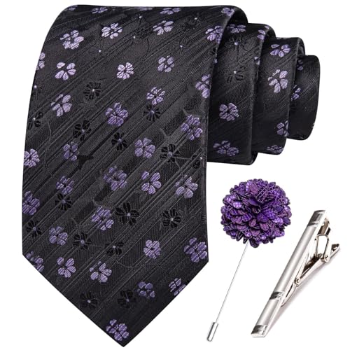 Image of Hi-Tie 63 inches Striped Paisley Extra Long Ties for Men Silk Necktie with Lapel Pin Tie Clip Big and Tall Men Formal Wedding