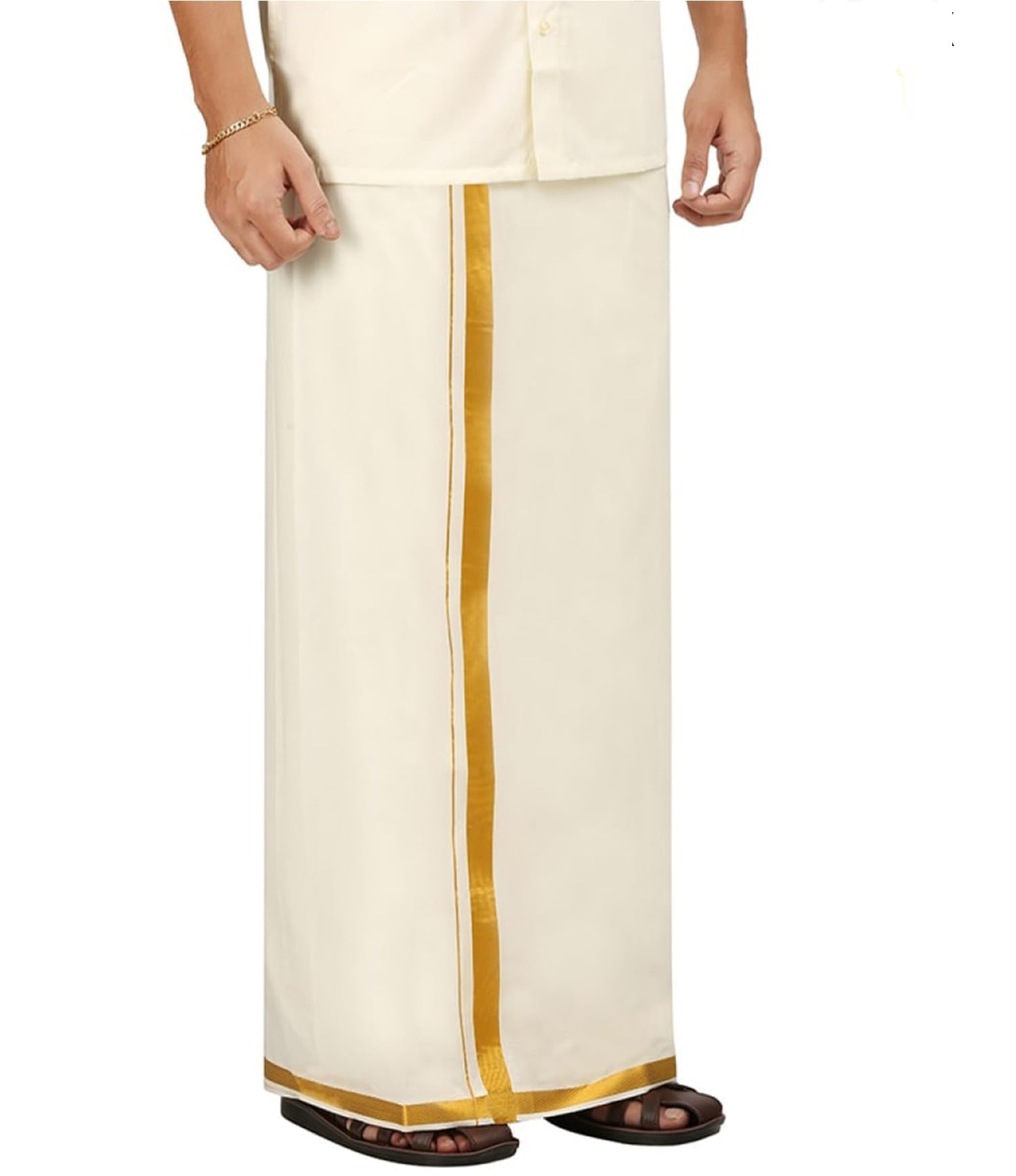 Prakasam Cotton Men's Supreme Quality Welcro Pocket Jari Cotton Double Dhoti (40)
