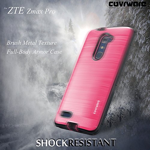 Covrware [Iron Tank] Case Compatible With Zte Zmax Pro/Zte Carry, With Built-In [Screen Protector] Full-Body Rugged Holster Armor Case [Brushed Metal Texture Design][Belt Clip][Kickstand], Pink #TOP7