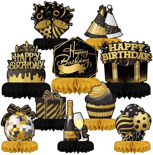 Happy Birthday Decorations Set - Black and Gold Birthday Themed H...