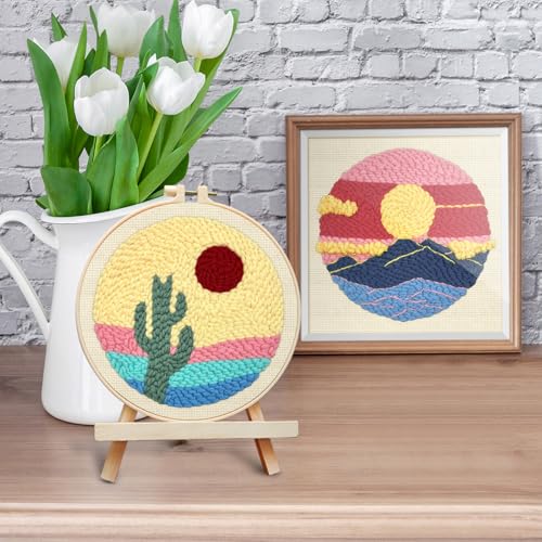 Image of ERKOON Punch Needle Kit Adults Beginners, 2 Pcs DIY Easy Landscape Embroidery Set for Starter Art Craft, Needling Punching Project with Patterns, Tools, Yarns, Hoop, Instruction (Desert & Afterglow)