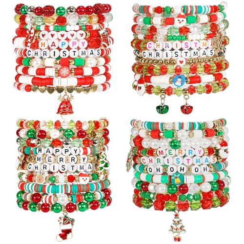 Tinrbip 40 Pcs Christmas Bracelets Set Stretch Charm Beads Bracelet with Jingle bells Christmas Tree and Stockings Colorful Stackable Friendship Bracelets for Women Christmas Jewelry Bulk for Party Favors