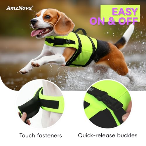 AMZNOVA Rip Stop Hundeschwimmweste, Schwimmweste Hund für Bootfahren, Auftrieb & Schwimmhilfe, Rettungsweste, XS, Leuchtend Gelb