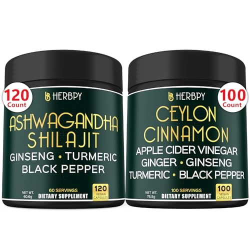 Herbpy Bundle 5in1 Ashwagandha Shilajit & 6in1 Premium Ceylon Cinnamon Supplements - Support Relaxation, Healthy Mind, Heart, Digestion