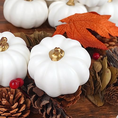 Image of Artmag Artificial Pumpkins Bulk 12Pcs Assorted Sizes Harvest Lifelike Pumpkin Fake Foam Pumpkin for Fall Autumn Halloween Home Party Thanksgiving Party Holiday Decor White