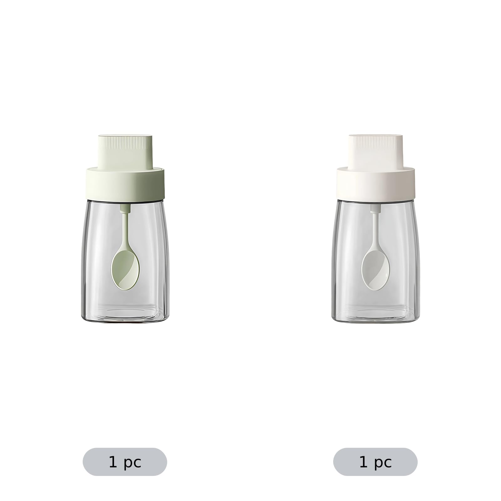 Lot de 2 bocaux à assaisonnement en verre, pots à sel de cuisine avec cuillère, couvercle hermétique, set de bouteilles à épices protégé de l'humidité, pour cuisine et rangement, blanc et vert