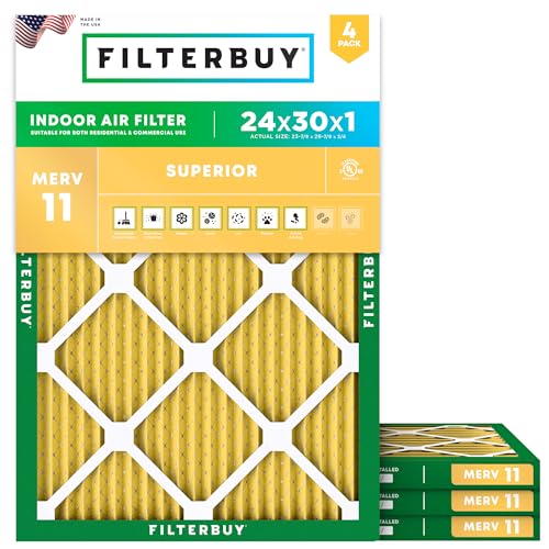 Filterbuy 24x30x1 Air Filter MERV 11 Superior Pet & Allergy Defense (4-Pack) Electrostatic Pleated HVAC AC Furnace Filters Replacement Made in USA (Actual Size: 23.88 x 29.88 x 0.75)