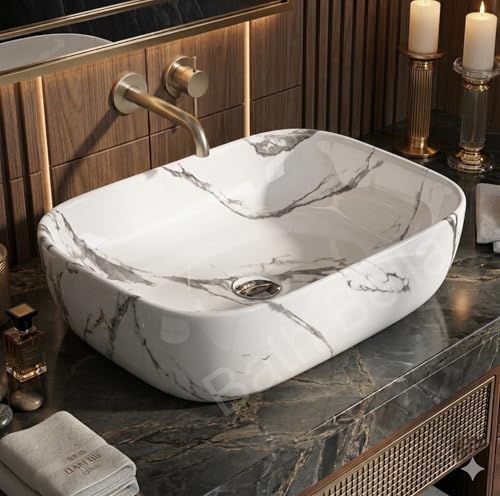 Image of Designer Ceramic Wash Basin For Bathroom | Over Counter Bathroom Basin | Counter Top Bathroom Sink | Wash Basin For Restaurant, Hotel (18 x13 x 5 Inch) (White Black Marble)