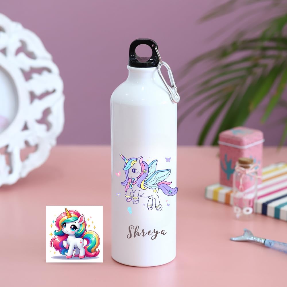 Half Engineer Cute Unicorn Printed Customised Sipper Water Bottle With Fridge Magnet Gift For Girls|Birthday|Sister Daughter Friends Kids|Aluminium White Bottle 600 Ml|Add Custom- Name