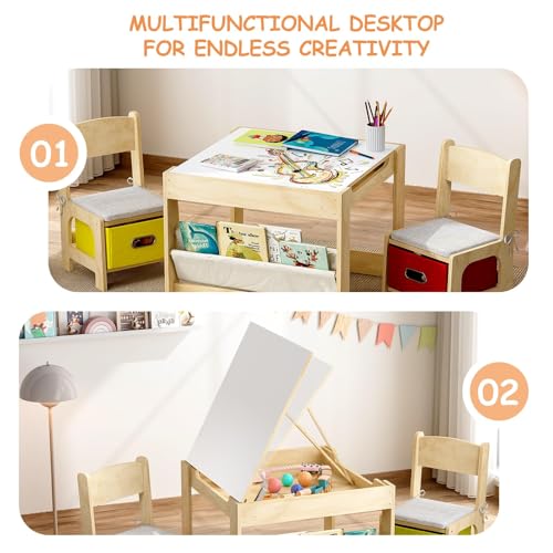 Image of EXPERLAM Kids Table and 2 Chairs Set, Wooden Toddler Activity Table with Adjustable Drawing Tabletop, Safety Hinges, Storage Drawers &Bookshelf for Playroom, Nursery, Ages 1-6, Burlywood