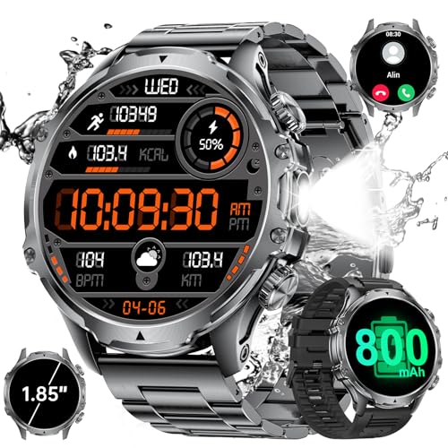 SUNKTA Reloj inteligente militar para hombre, batería de 800 mAh/pantalla HD de 1,85 pulgadas, reloj deportivo con linterna/100 modos deportivos, IP68 resistente al agua, reloj de fitness con