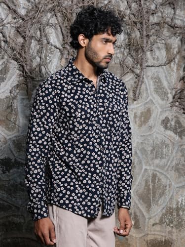 Image of Thomas Scott Men Slim Fit Pure Cotton Corduroy Floral Printed Semi-Formal Shirt