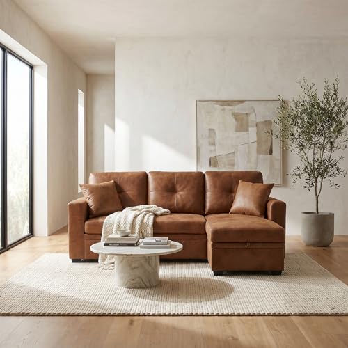 Image of 71 inch Brown Convertible Sofa Bed, L-Shaped Pull Out Couch with Storage Chaise | TYBOATLE, Sleeper Sofa Bed, Pull Out Couch Bed, Reversible Storage Chaise, Linen Fabric, Living Room, Apartment, Guest Room